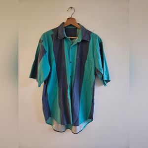 Vtg Blue PERMIT Button Up Shirt Striped Pattern Large Cotton 1 Pocket 1990s